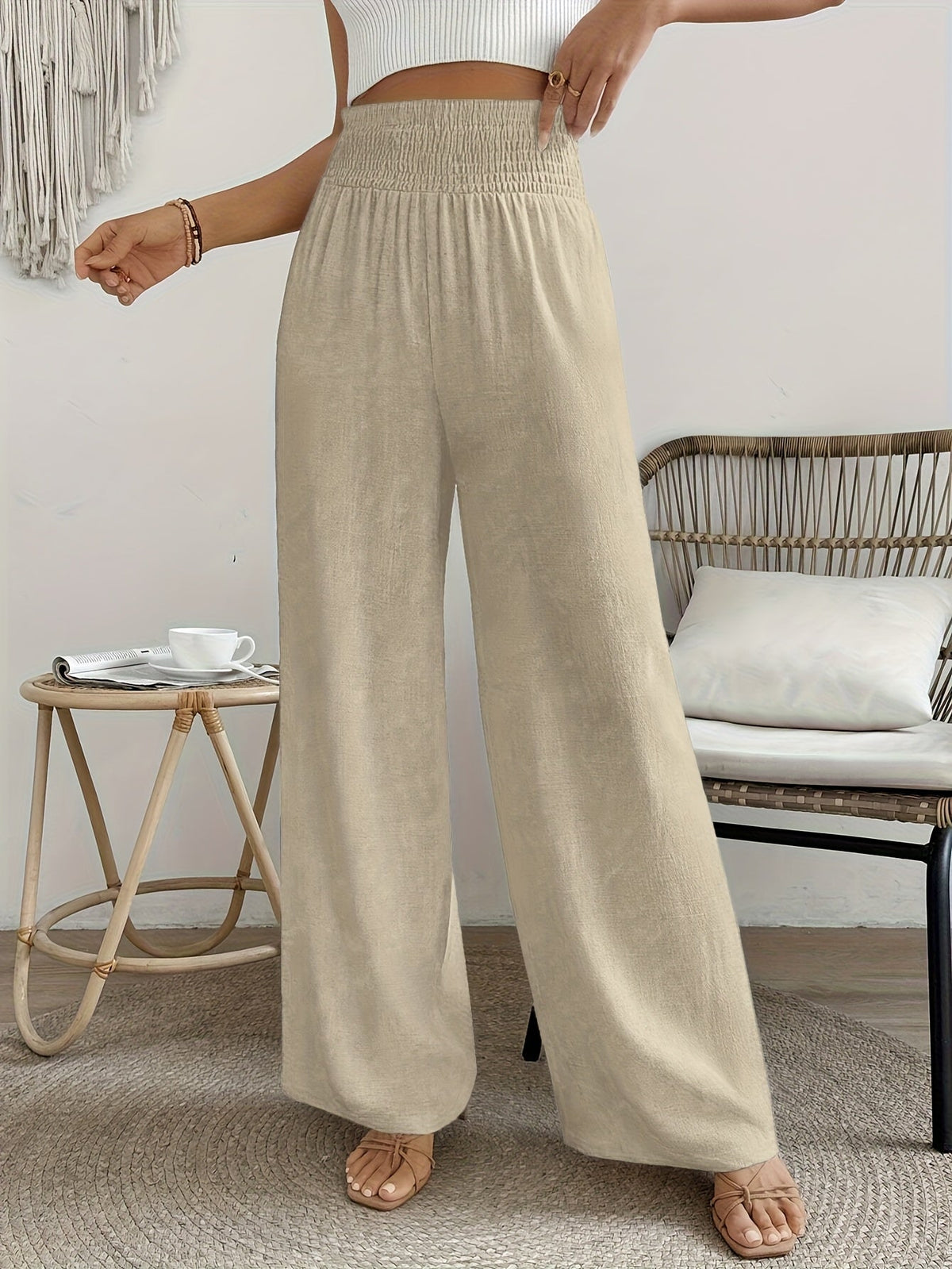 Women's High-Waist Elegant Solid Color Pants Smooth Micro Elasticity Trousers - Casual Chic Machine Washable Bottoms for Spring Summer Fall Office Daily Wear