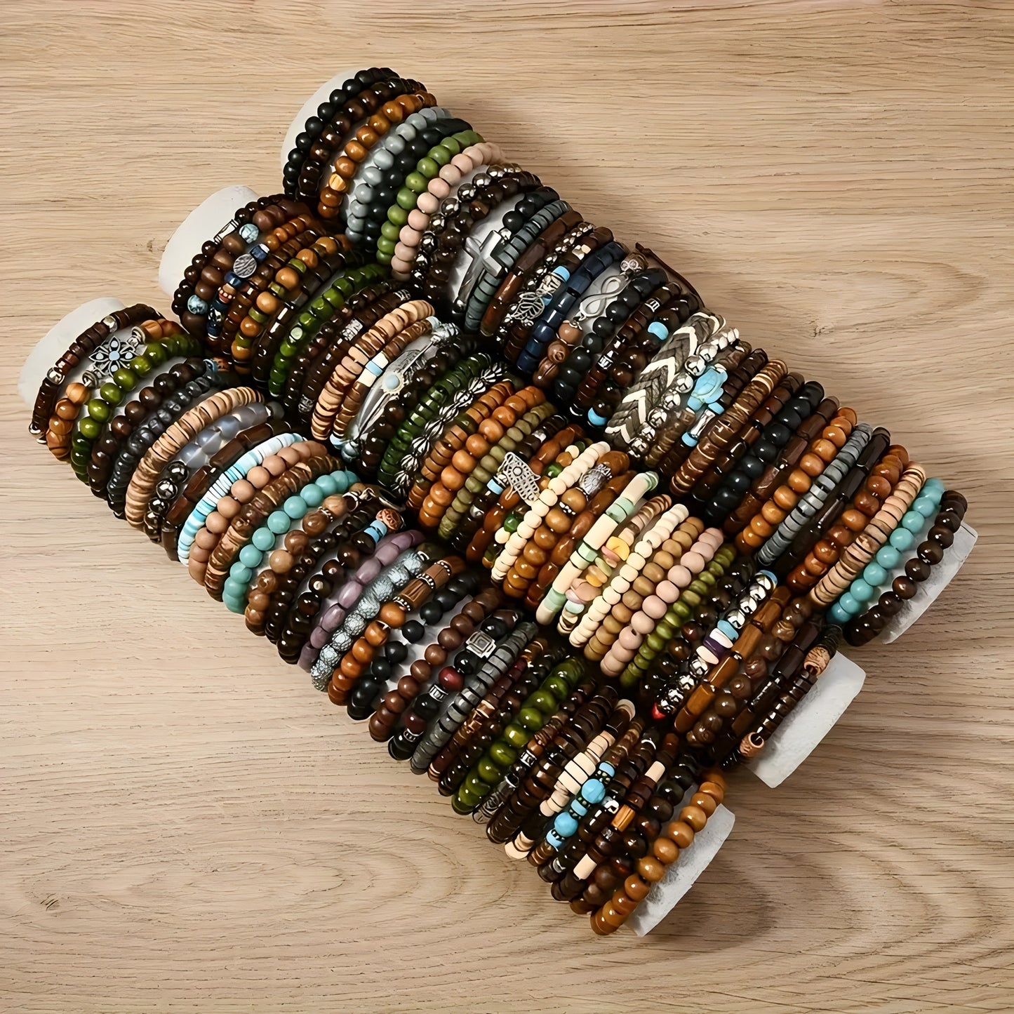Boho Wood Beaded Bracelet Set – Stackable Elastic Bracelets with Turtle, Cross, Leaf & Feather Charms, Mixed Colors, Choose 12, 24, 47 or 87 Pcs – Perfect for Daily Wear & Gifting