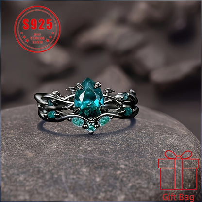 925 Sterling Silver Gothic Black Ring with Synthetic Jadeite Grape Pear Design for Women – Elegant Birthstone Holiday Ring with Gift Bag, Sizes 6-10, Unique Christmas Party Jewelry Gift