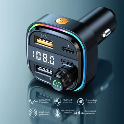 Bluetooth FM Transmitter for Car – BT 5.0, 48W QC3.0 & PD Fast Charge, Dual Microphone, 360° Bass, 2 USB + 1 USB-C Ports, Supports U Disk & AUX, Car Stereo Adapter – Black