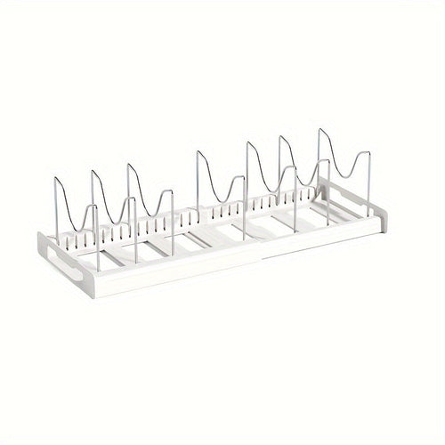 Adjustable Pot and Pan Organizer Rack for Kitchen Cabinet Expandable Pots Pans Lid Holder with Dividers Space Saving Storage White Gray