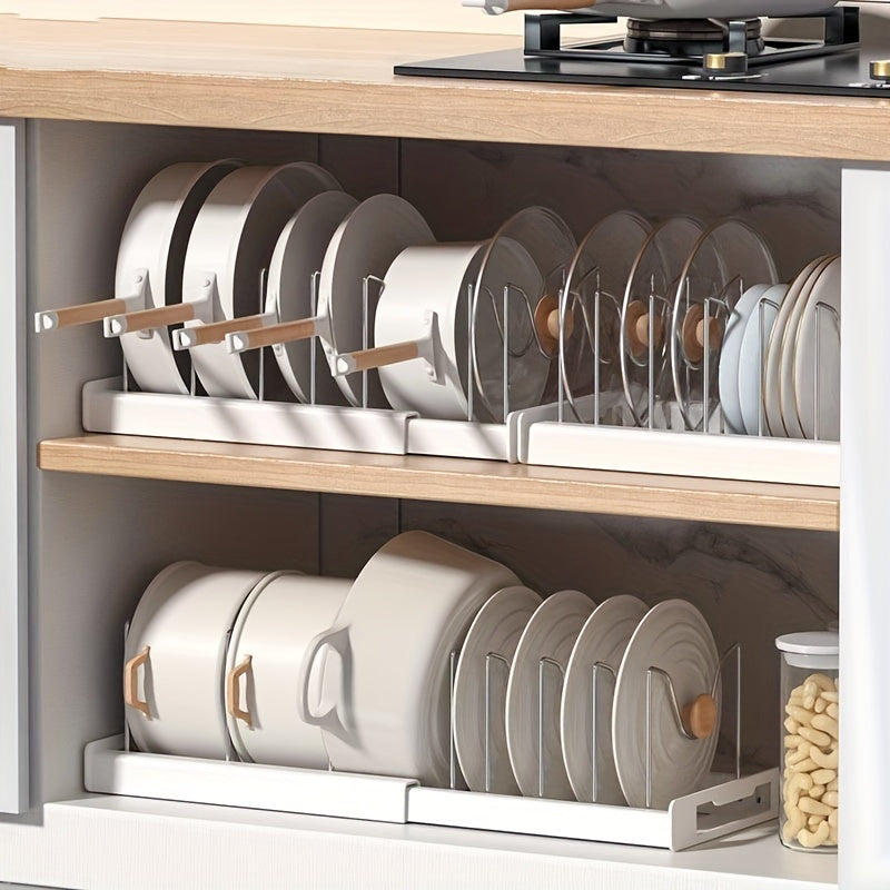 Adjustable Pot and Pan Organizer Rack for Kitchen Cabinet Expandable Pots Pans Lid Holder with Dividers Space Saving Storage White Gray