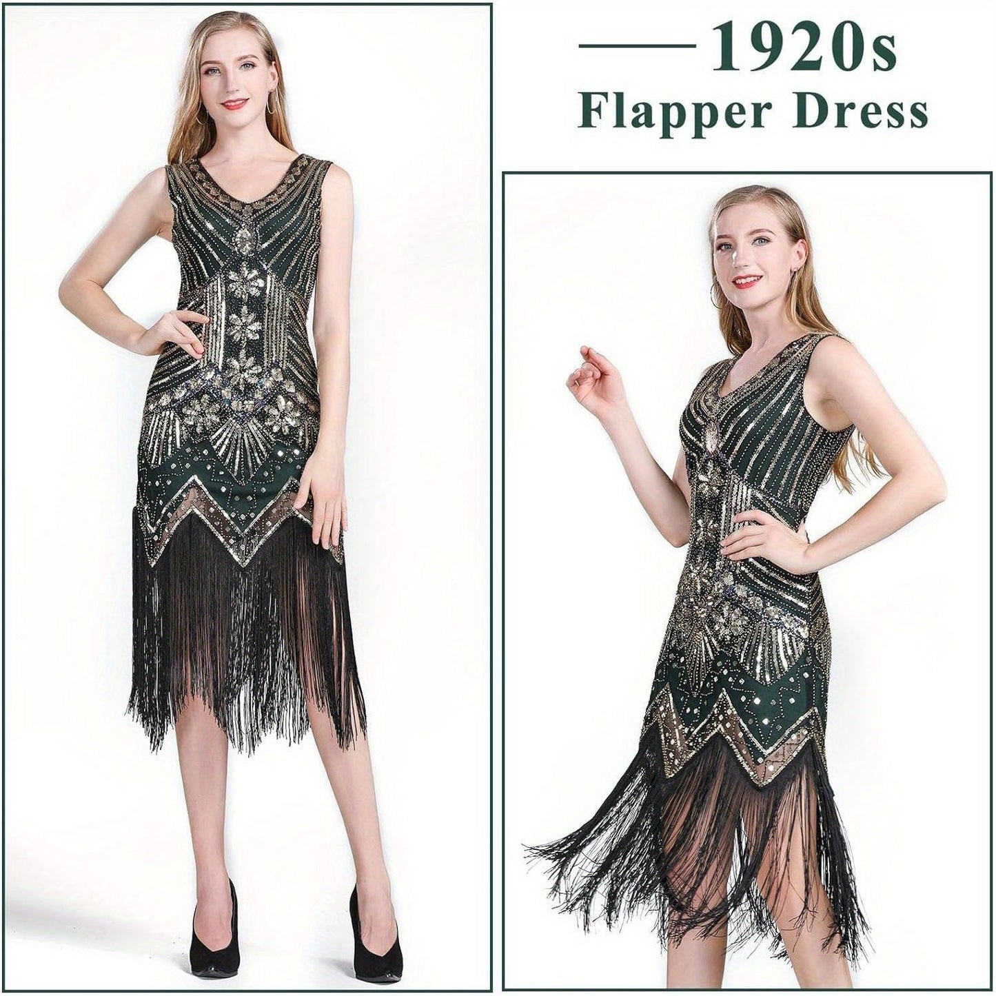 1920s Flapper Dress Women Sequin Beaded Fringe V-Neck Great Gatsby Costume with Accessories Set S-XL Red Black Gold