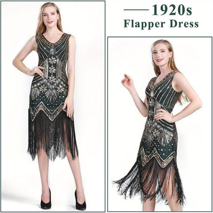 1920s Flapper Dress Women Sequin Beaded Fringe V-Neck Great Gatsby Costume with Accessories Set S-XL Red Black Gold