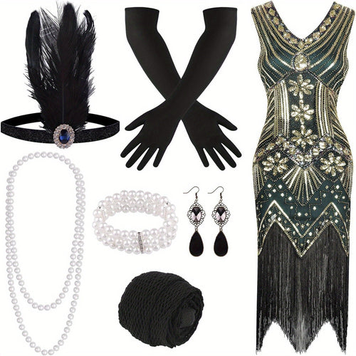 1920s Flapper Dress Women Sequin Beaded Fringe V-Neck Great Gatsby Costume with Accessories Set S-XL Red Black Gold