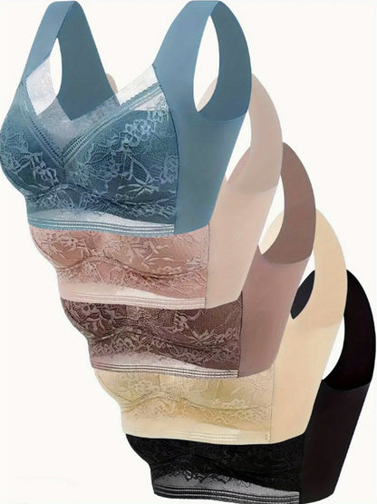 5 Pack Elegant Floral Lace Wireless Bralette Bra for Women – Comfy Breathable Full Coverage Push Up Intimates, Soft Lingerie & Underwear, Sizes S-3XL, Mixed Colors