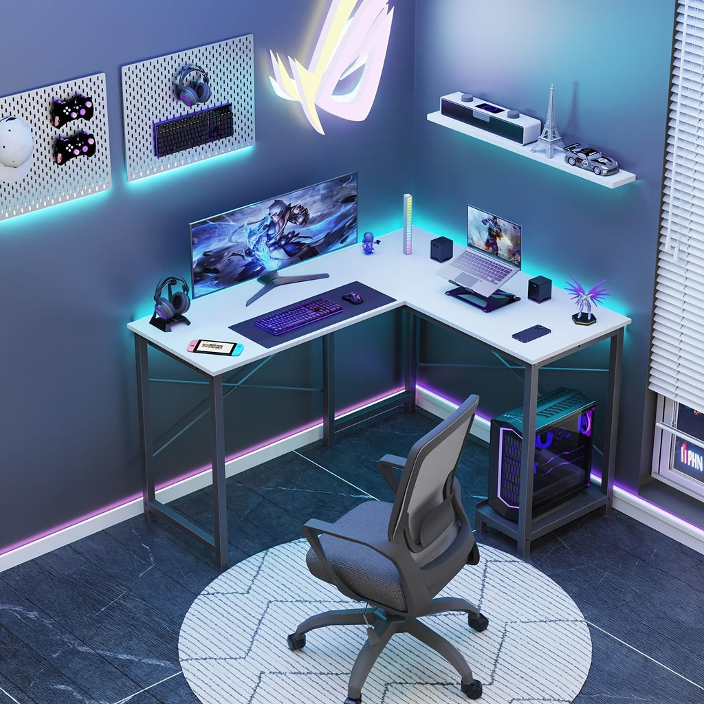 L Shaped Computer Desk with Storage Bag & Shelves – Reversible Corner Office Table, PC Laptop Workstation for Home Office, Study Room, Space-Saving Writing Desk