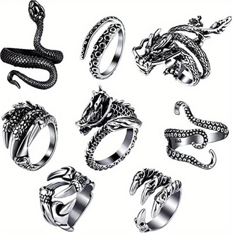 Dragon & Snake Ring Set 8-Piece – 316 Stainless Steel Adjustable Rings with Cubic Zirconia Inlays, Retro Vintage Punk Style Jewelry for Men Women, Bold Statement Stackable Ring Set Gift