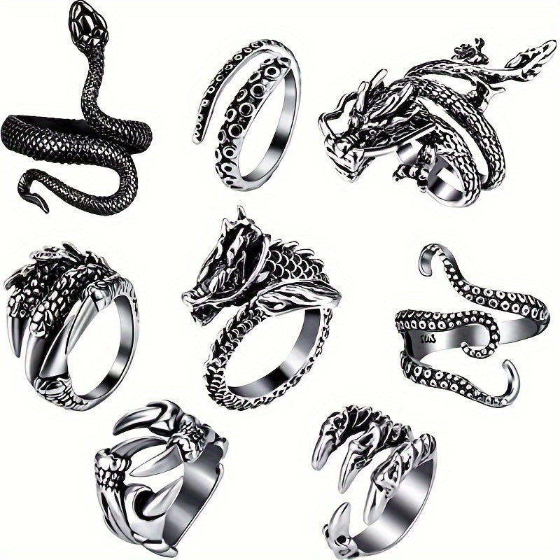 Dragon & Snake Ring Set 8-Piece – 316 Stainless Steel Adjustable Rings with Cubic Zirconia Inlays, Retro Vintage Punk Style Jewelry for Men Women, Bold Statement Stackable Ring Set Gift