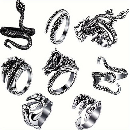 Dragon & Snake Ring Set 8-Piece – 316 Stainless Steel Adjustable Rings with Cubic Zirconia Inlays, Retro Vintage Punk Style Jewelry for Men Women, Bold Statement Stackable Ring Set Gift