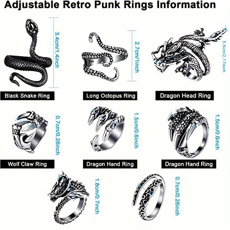 Dragon & Snake Ring Set 8-Piece – 316 Stainless Steel Adjustable Rings with Cubic Zirconia Inlays, Retro Vintage Punk Style Jewelry for Men Women, Bold Statement Stackable Ring Set Gift