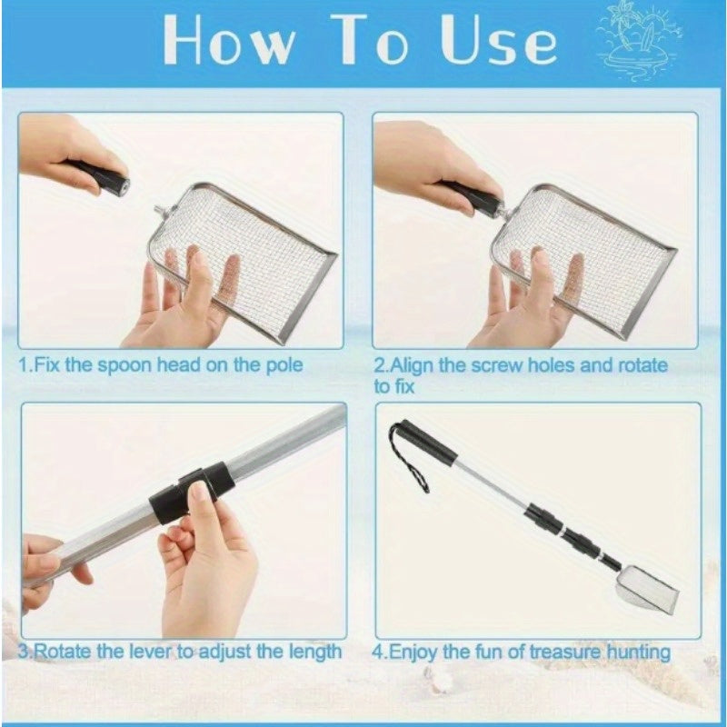 Stainless Steel Retractable Beach Sifter Scoop with Telescoping Handle – No-Bend Shell Collecting, Treasure Hunting & Beach Combing Tool | Also Works as Cat Litter Scoop (1 or 2 Pack)
