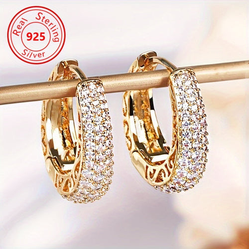 S925 Sterling Silver Gold Plated Synthetic Zirconia Stud Earrings – Chic Retro Style, Dazzling Sparkle, Elegant Luxury Jewelry for Daily Wear & Party, Perfect Gift for Women
