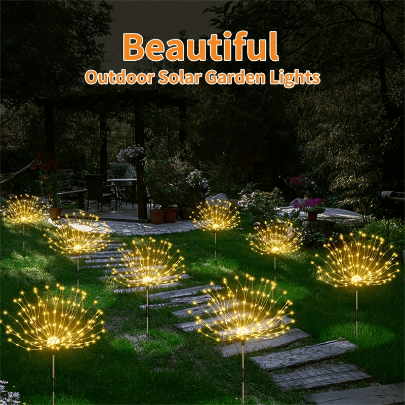 Solar Firework Garden Lights Outdoor 8 Modes LED Smart Sensor Switch Waterproof Landscape Lighting for Garden Patio Walkway Pathway Yard Lawn Party Wedding Decoration 60 200 360 LED