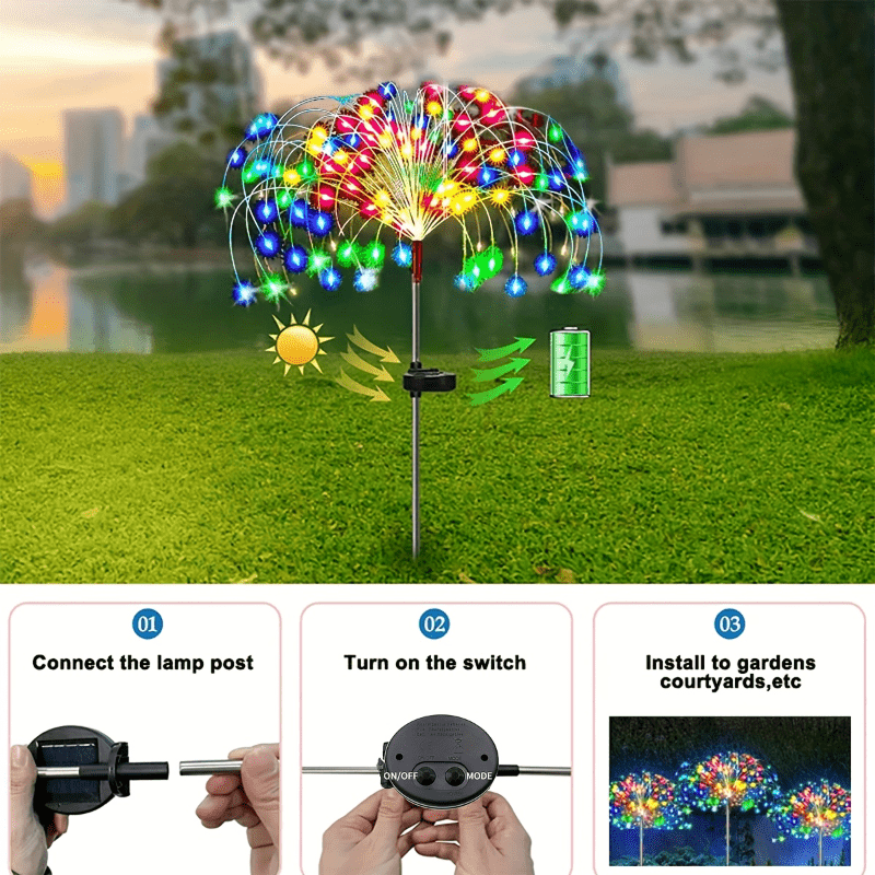 Solar Firework Garden Lights Outdoor 8 Modes LED Smart Sensor Switch Waterproof Landscape Lighting for Garden Patio Walkway Pathway Yard Lawn Party Wedding Decoration 60 200 360 LED