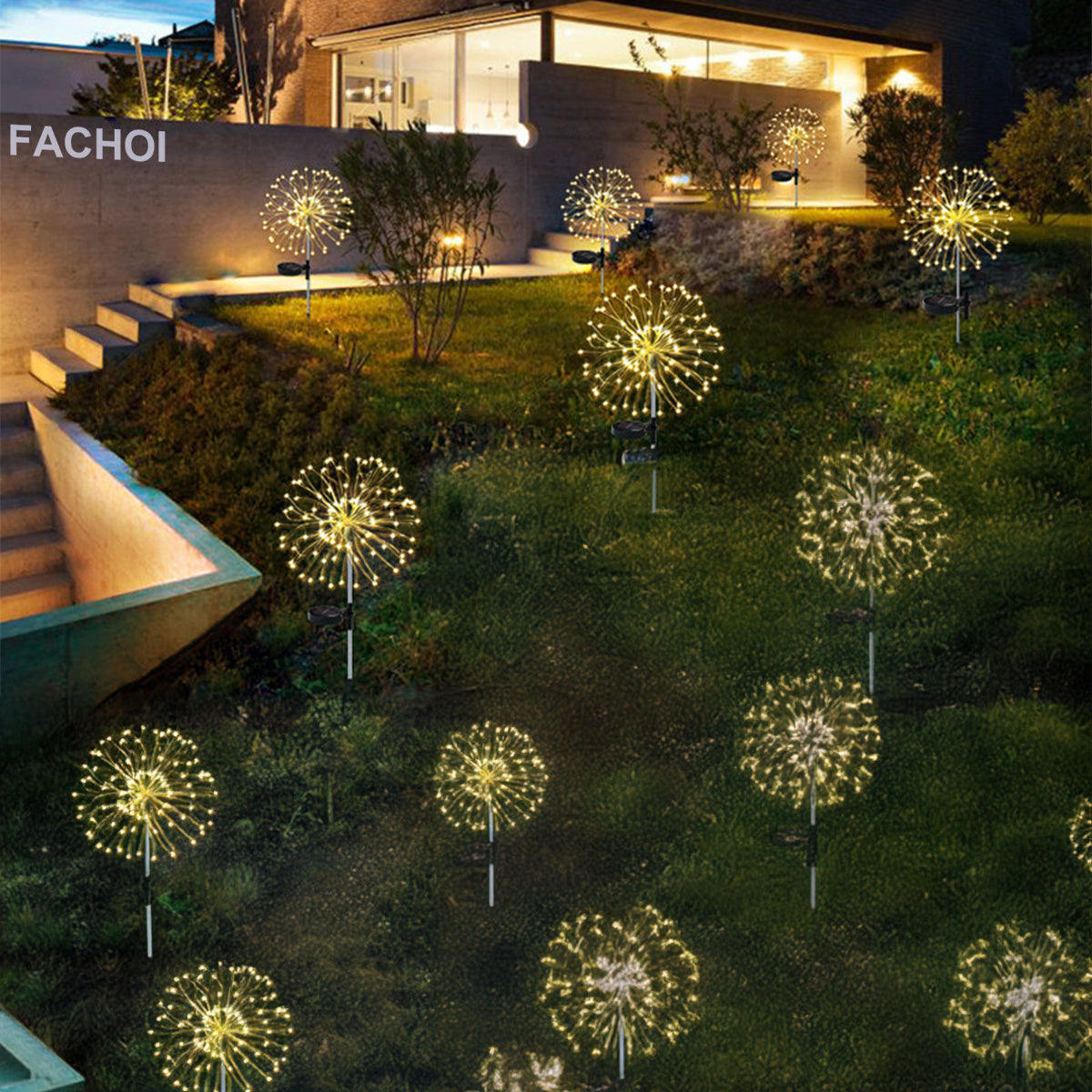 Solar Firework Garden Lights Outdoor 8 Modes LED Smart Sensor Switch Waterproof Landscape Lighting for Garden Patio Walkway Pathway Yard Lawn Party Wedding Decoration 60 200 360 LED