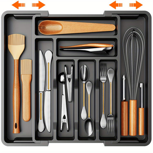 Expandable Cutlery Tray Drawer Organizer – Adjustable Kitchen Silverware Organizer for Knives, Forks & Spoons with Labels – Fits Kitchen, Bedroom & Living Room Drawers – Bamboo & Plastic