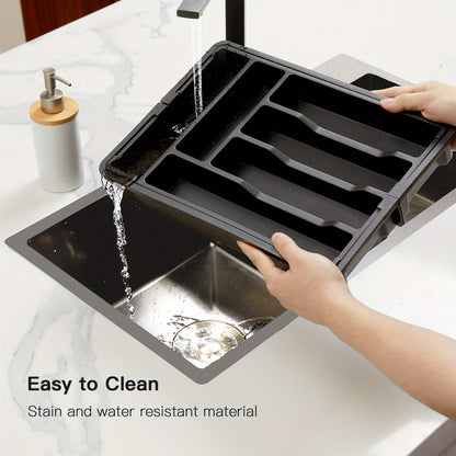 Expandable Cutlery Tray Drawer Organizer – Adjustable Kitchen Silverware Organizer for Knives, Forks & Spoons with Labels – Fits Kitchen, Bedroom & Living Room Drawers – Bamboo & Plastic