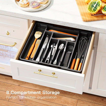 Expandable Cutlery Tray Drawer Organizer – Adjustable Kitchen Silverware Organizer for Knives, Forks & Spoons with Labels – Fits Kitchen, Bedroom & Living Room Drawers – Bamboo & Plastic
