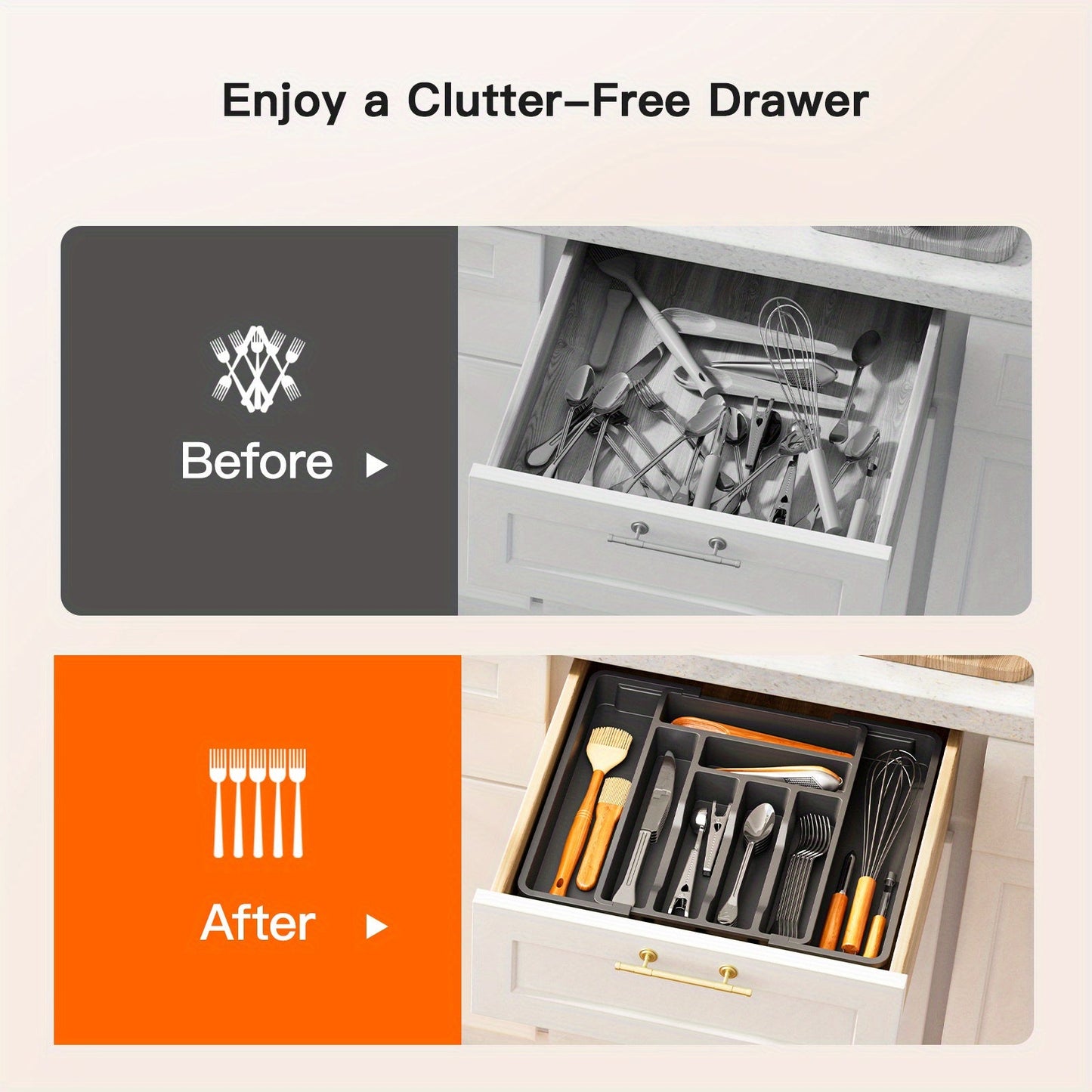 Expandable Cutlery Tray Drawer Organizer – Adjustable Kitchen Silverware Organizer for Knives, Forks & Spoons with Labels – Fits Kitchen, Bedroom & Living Room Drawers – Bamboo & Plastic