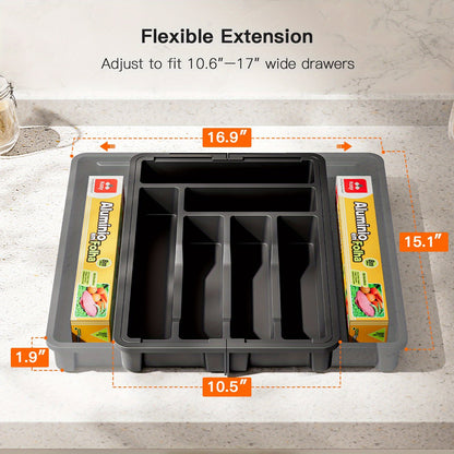 Expandable Cutlery Tray Drawer Organizer – Adjustable Kitchen Silverware Organizer for Knives, Forks & Spoons with Labels – Fits Kitchen, Bedroom & Living Room Drawers – Bamboo & Plastic