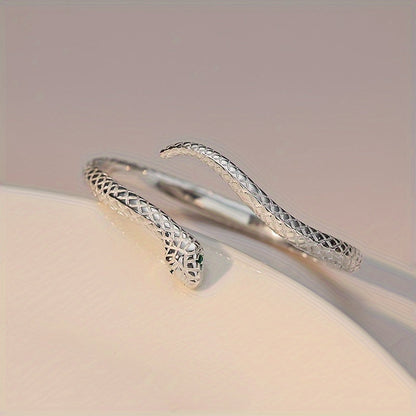 925 Sterling Silver Snake Cuff Bracelet Adjustable Hypoallergenic Green Zirconia Eyes Floral Accents Zodiac Snake Retro Punk Style Jewelry Gift