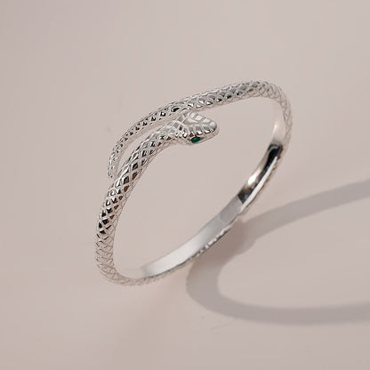925 Sterling Silver Snake Cuff Bracelet Adjustable Hypoallergenic Green Zirconia Eyes Floral Accents Zodiac Snake Retro Punk Style Jewelry Gift