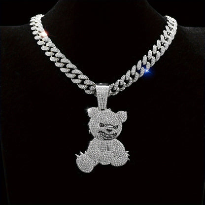Hip Hop Bear Pendant Necklace 925 Silver Plated – Bold Streetwear Jewelry for Men & Women, 20-Inch Chain, Lightweight 1.4g, Perfect for Parties, Music Festivals & Daily Wear