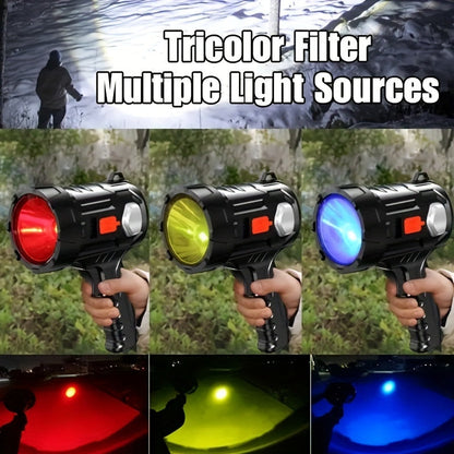 Rechargeable LED Spotlight Flashlight 2000 Lumens – 6 Modes & 3 Color Filters, 200M Range Handheld Searchlight with USB Cable for Boating Hunting Camping Hiking Emergency Home Lighting