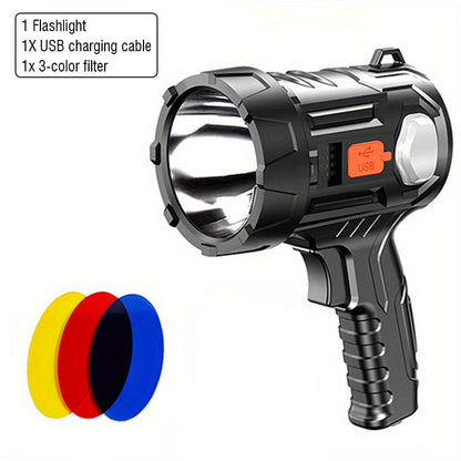 Rechargeable LED Spotlight Flashlight 2000 Lumens – 6 Modes & 3 Color Filters, 200M Range Handheld Searchlight with USB Cable for Boating Hunting Camping Hiking Emergency Home Lighting