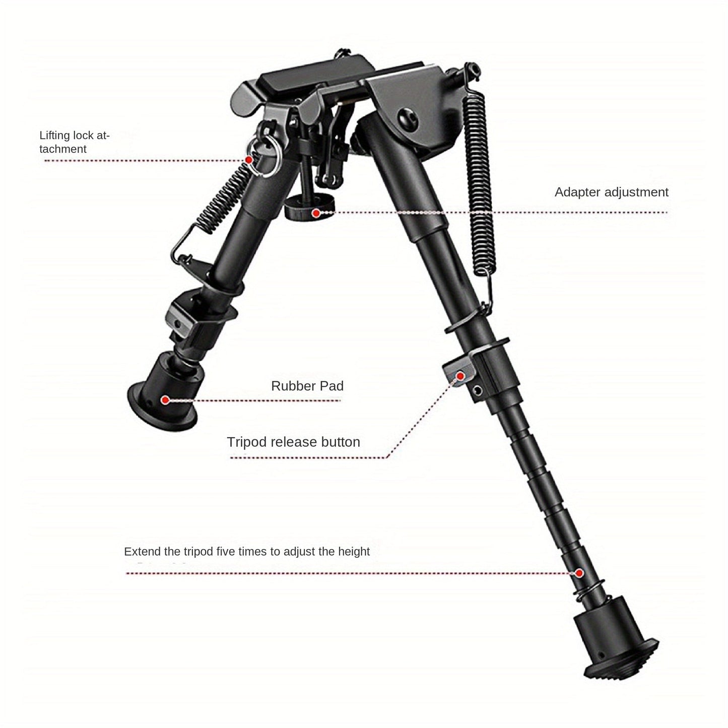 Adjustable Rifle Bipod 6-9 Inch 5 Height Settings Quick Release Adapter Foldable Retractable Lightweight Aluminum Alloy M-LOK Mount Rubber Feet for Hunting Shooting Outdoor Sports