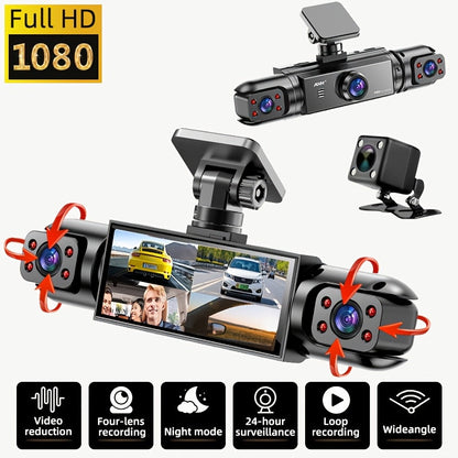 360° Panoramic Dash Cam 3/4 Lens 1080P HD with Quad-Split Screen, HD Night Vision, WDR & G-Sensor – Full Coverage Front, Rear, Left & Right Loop Recording – Rideshare & Fleet Ready – Velora