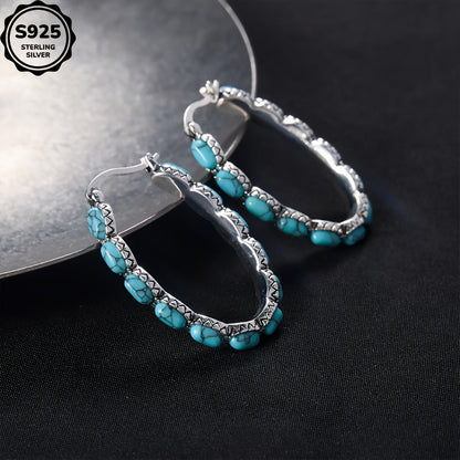 925 Sterling Silver Turquoise Stud Earrings – Bohemian Retro Hypoallergenic Earrings for Women, Charming Gemstone Studs for Daily Wear, Gift for Ladies – Mother's Day, Valentine's Day, Birthday & Anniversary