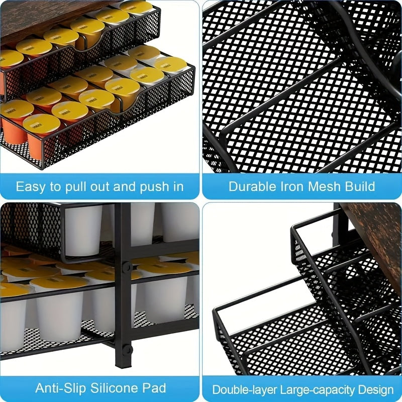 K-Cup Coffee Pod Holder Counter Storage Drawer Organizer for Keurig Nespresso Capsules Sliding Basket Double Layer 48 Pod Capacity Kitchen Countertop Coffee Station Brown