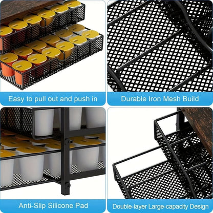 K-Cup Coffee Pod Holder Counter Storage Drawer Organizer for Keurig Nespresso Capsules Sliding Basket Double Layer 48 Pod Capacity Kitchen Countertop Coffee Station Brown