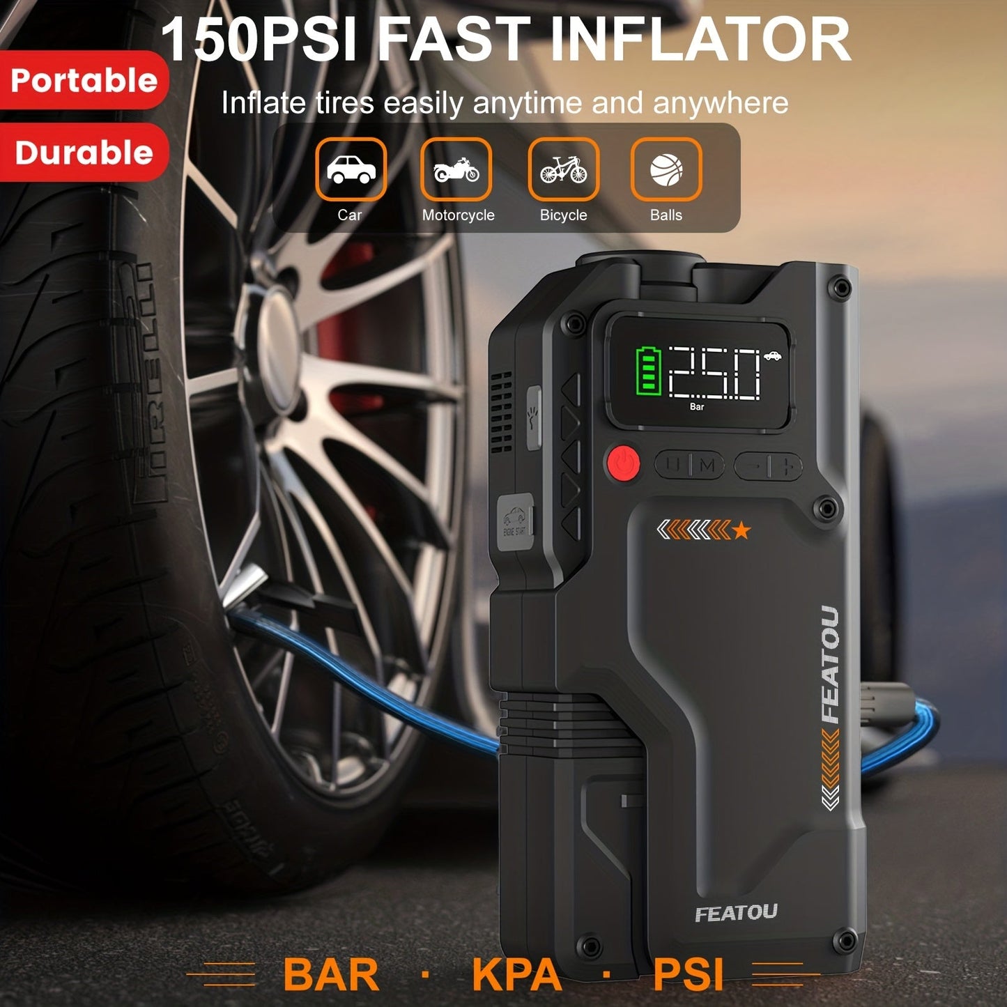 7000A Portable Jump Starter with Air Compressor – 5000A/7000A Peak Battery Pack with 150PSI Digital Tire Inflator, Fits 10L Gas & 2.38gal Diesel, Fast USB Charging & LED Emergency Light