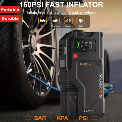 7000A Portable Jump Starter with Air Compressor – 5000A/7000A Peak Battery Pack with 150PSI Digital Tire Inflator, Fits 10L Gas & 2.38gal Diesel, Fast USB Charging & LED Emergency Light