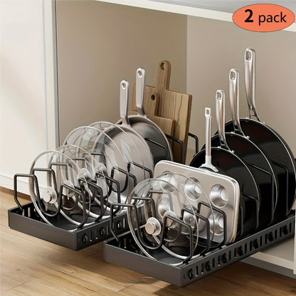 Pull Out Pot and Pan Organizer for Under Cabinet, 2-Pack Slide Out Cabinet Organizer with 8 Adjustable Dividers, Pot Lid Holder Rack for Kitchen Cookware & Baking Sheet Storage
