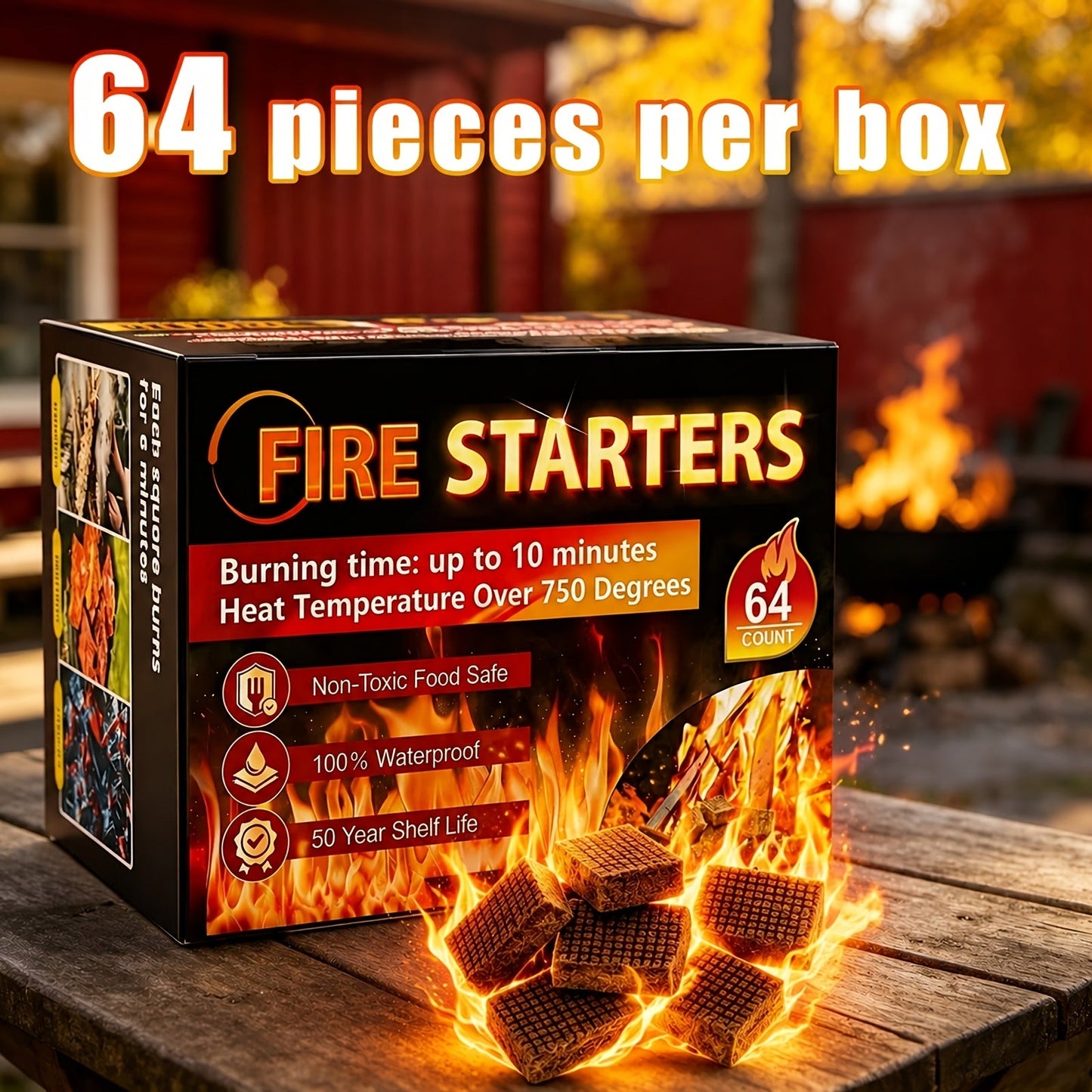 Fire Starter Squares – Waterproof Odorless Charcoal Firestarter Cubes for Campfire, BBQ, Grill, Fireplace & Wood Stove, No Kindling Needed, 32/64/128/192 Piece Packs