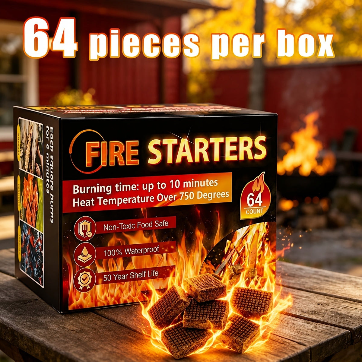 Fire Starter Squares – Waterproof Odorless Charcoal Firestarter Cubes for Campfire, BBQ, Grill, Fireplace & Wood Stove, No Kindling Needed, 32/64/128/192 Piece Packs