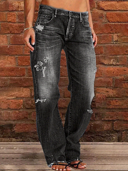 Women's Ripped Flare Wide Leg Jeans – Distressed Stretch Denim, Fashion Streetwear Casual Pants, Light Blue & Dark Blue, Sizes XS-XXL