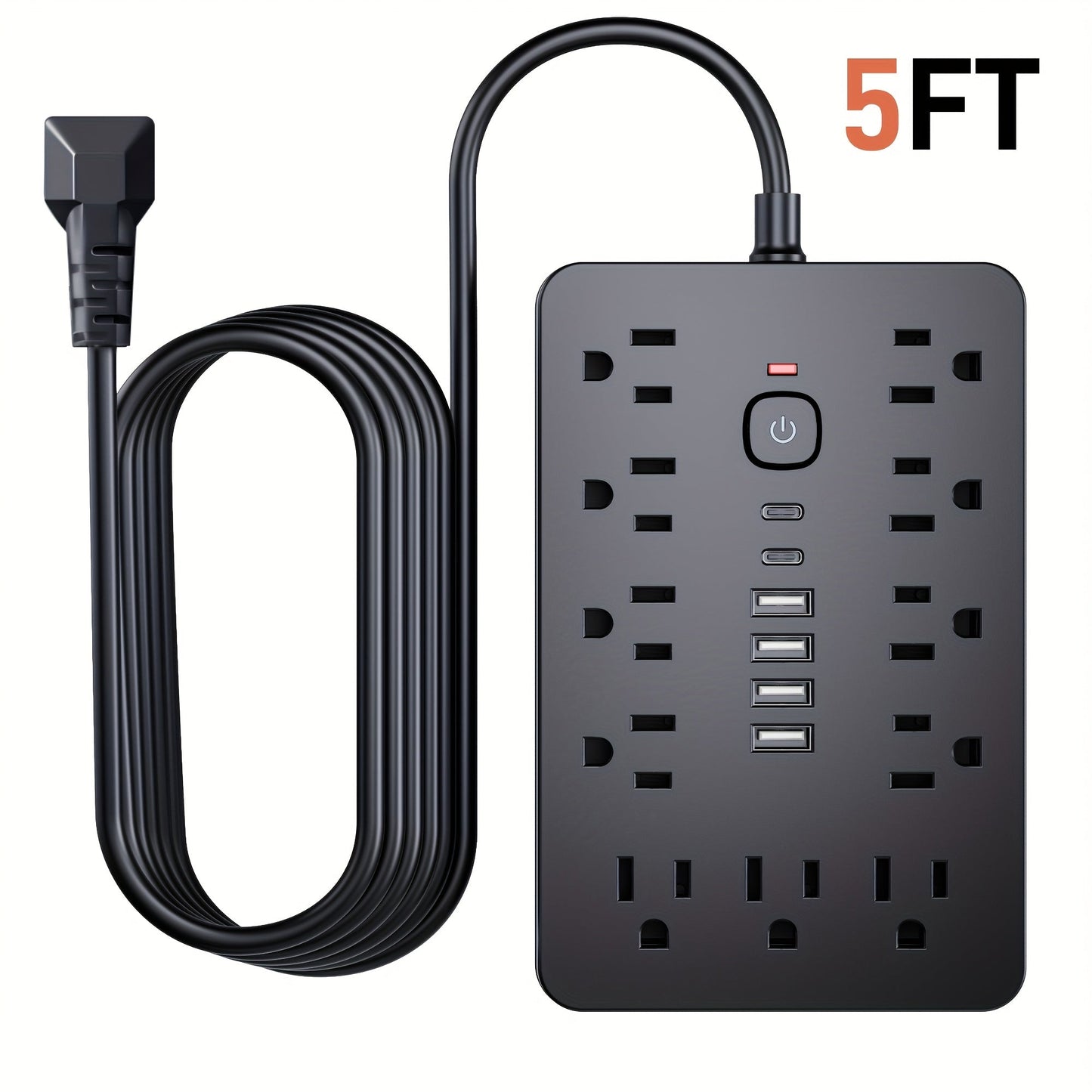 17-in-1 Power Strip Surge Protector with 11 AC Outlets 4 USB Ports 2 USB-C Ports Flat Plug Design Space-Saving Extension Cord for Home Office Desk Kitchen 5ft 10ft Cord