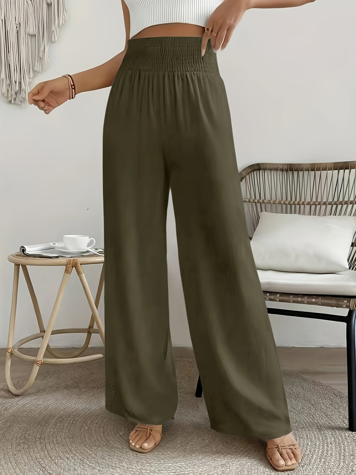 Women's High-Waist Elegant Solid Color Pants Smooth Micro Elasticity Trousers - Casual Chic Machine Washable Bottoms for Spring Summer Fall Office Daily Wear