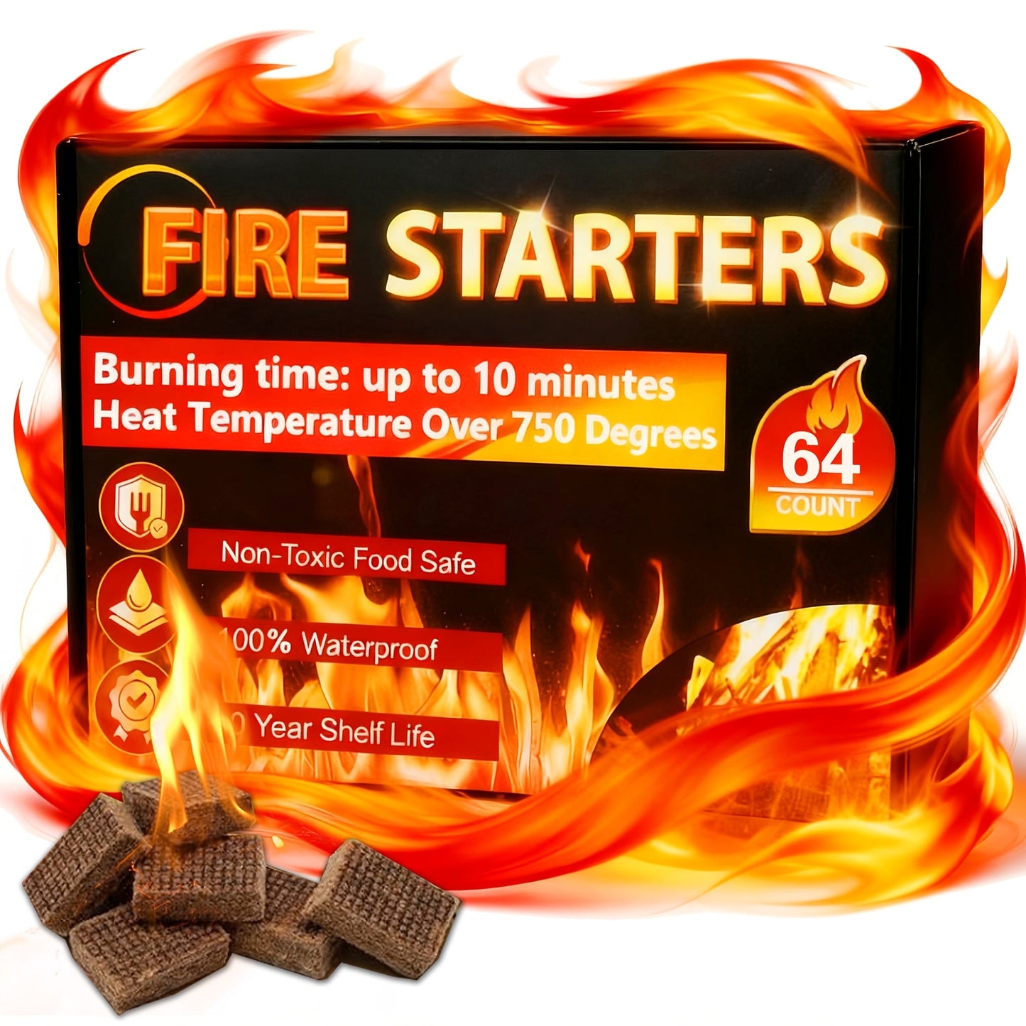 Fire Starter Squares – Waterproof Odorless Charcoal Firestarter Cubes for Campfire, BBQ, Grill, Fireplace & Wood Stove, No Kindling Needed, 32/64/128/192 Piece Packs