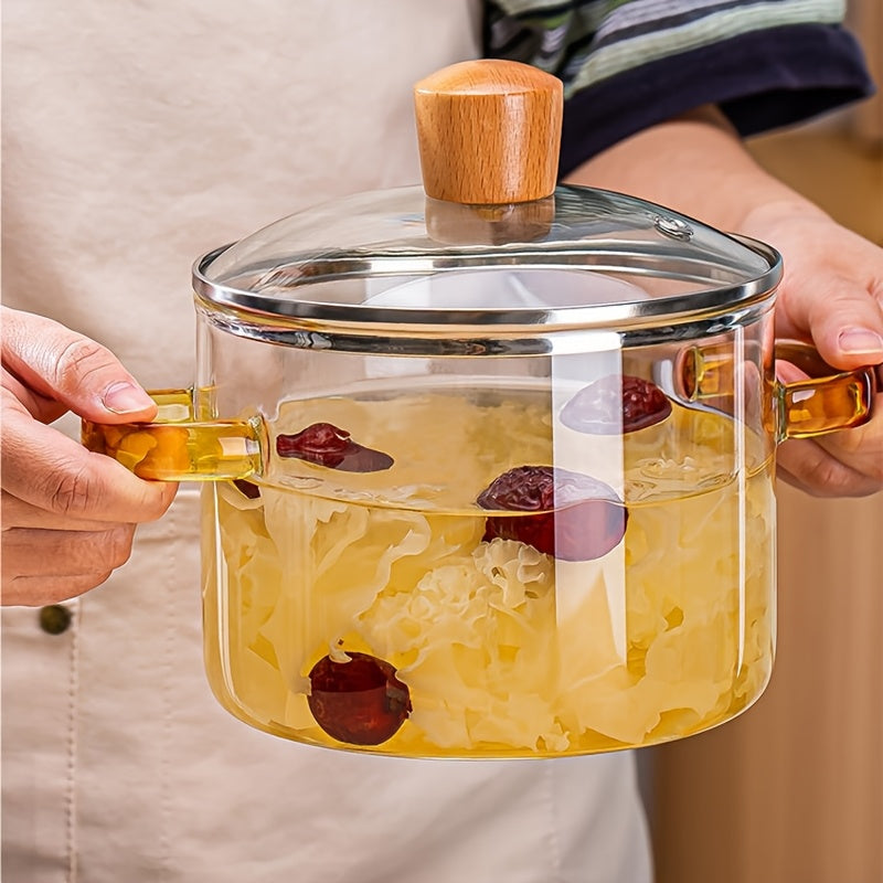 54oz Borosilicate Glass Soup Pot with Handle | Heat Resistant to 752°F | Stovetop & Oven Safe | Transparent Glass Cooker for Soup Congee Ramen Milk | Easy Clean Odorless | Green & Yellow Handle