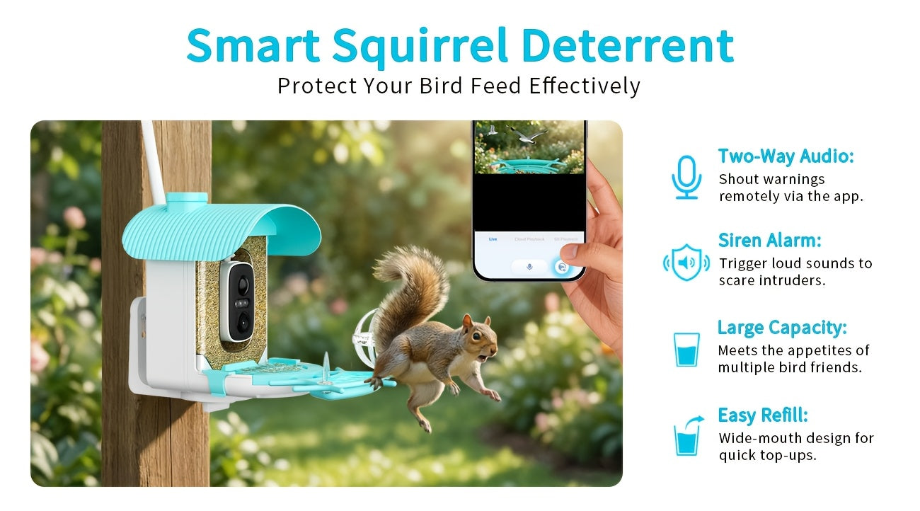 AI Smart Bird Feeder with Camera Solar Powered – 4MP 2K HD, Bird Species Identification, Motion Detection, Squirrel-Proof, IP66 Weatherproof, App Remote Monitoring, Gift for Bird Lovers