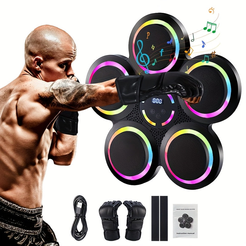 Smart Music Boxing Machine with Gloves – Wall Mount, LED Rhythm Lighting, Bluetooth, 9 Speed Modes, Intelligent LED Strike Counter, Home Gym Fitness Gift for Adults & Teens