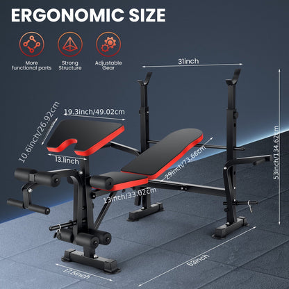 Adjustable Foldable Weight Bench Set with Squat Rack, Leg Developer & Preacher Curl Pad – All-in-One Home Gym Bench Press for Full Body Strength Training, Up to 1200 LBS