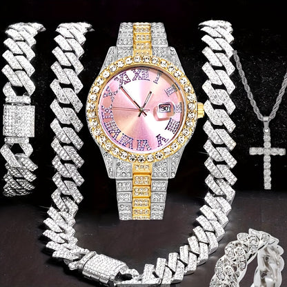Men's Hip Hop Watch & Jewelry Set - Cuban Chain Pendant Necklace Bracelet Combo, Trendy Bling Accessories for Men, Perfect Gift for Christmas Birthday Valentine's Day Father's Day