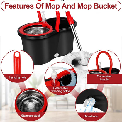 360° Spin Mop and Bucket with Wringer Set – 4 Microfiber Replacement Heads & Stainless Steel Adjustable Handle, Deep Clean Hardwood Tile Laminate Floors, Hands-Free Wringing Floor Cleaning System
